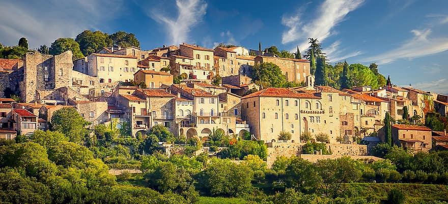 κτίρια, τοιχοποιία, χωριό, βουνό, σπίτια, προσόψεις, ιστορικό κέντρο, παράθυρο, Πέτρινοι τοίχοι, νότια της Γαλλίας, Βεζενόμπρες