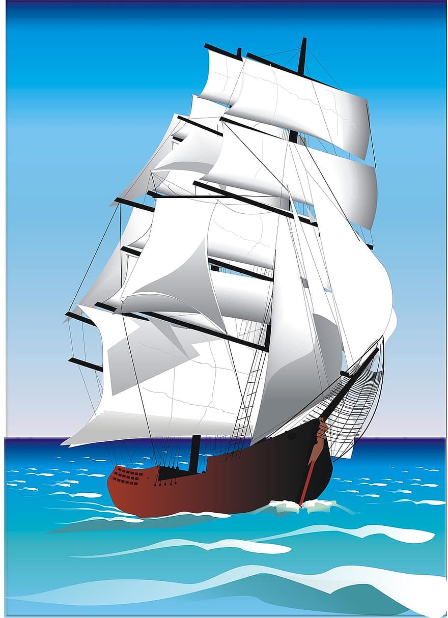 Graphic, Sailing Vessel, Sea, Sail, Sky