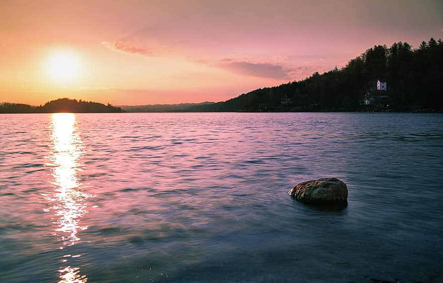 झील, सूर्योदय, सूर्य का अस्त होना, प्रतिबिंब, पानी, रवि, सूरज की रोशनी, गोधूलि बेला, भोर, सुबह, शाम
