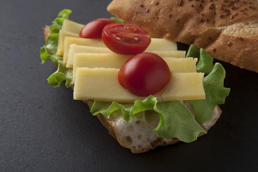 sandwich, fast food, brânză, cașcaval, roșie, pâine, prezentare, delicios, masă