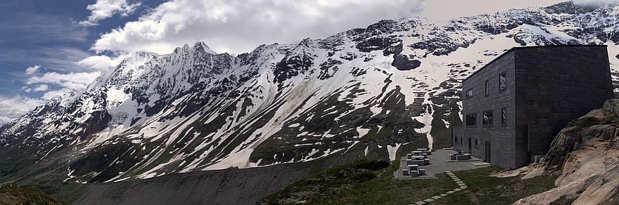 svájc, Lötschental, Anenhütte, panoráma, Wallis, alpesi, tájkép, hegyek, Autarkikus, Önfenntartó, építészet