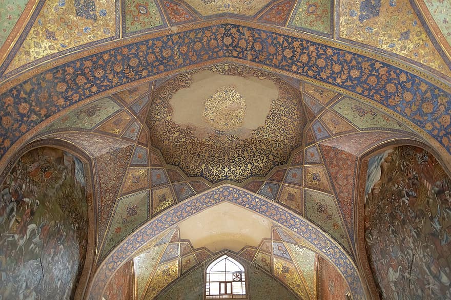 Pałac Chehel Sotoun, sufit, architektura irańska, Isfahan, Iran, wnętrze, obraz, architektura, historyczny, pawilon, perski