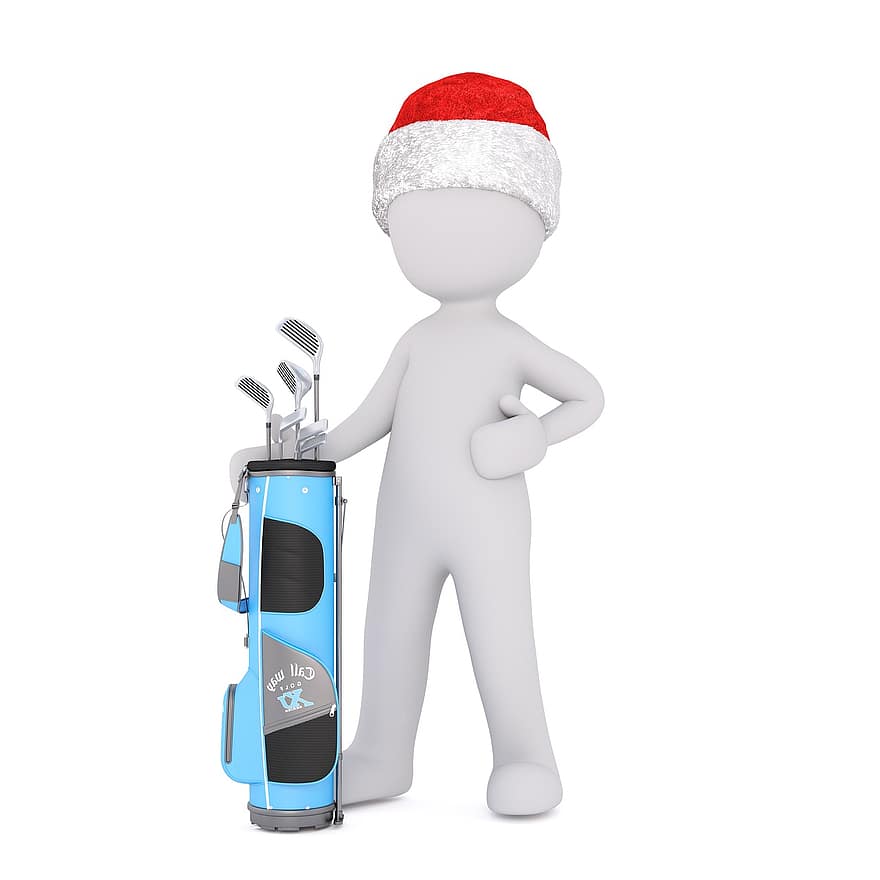 biały samiec, Model 3D, całe ciało, 3d, biały, odosobniony, Boże Narodzenie, czapka Mikołaja, golf, grać, sport