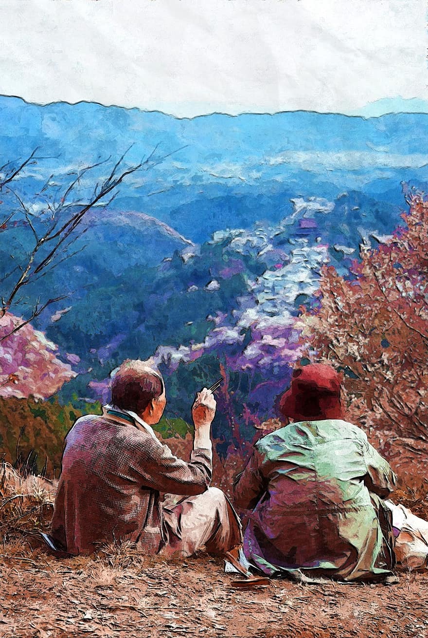 Together, Forever, Outdoor, Mountain, View, Relaxing, Relax, Couple, Elderly, People, Male