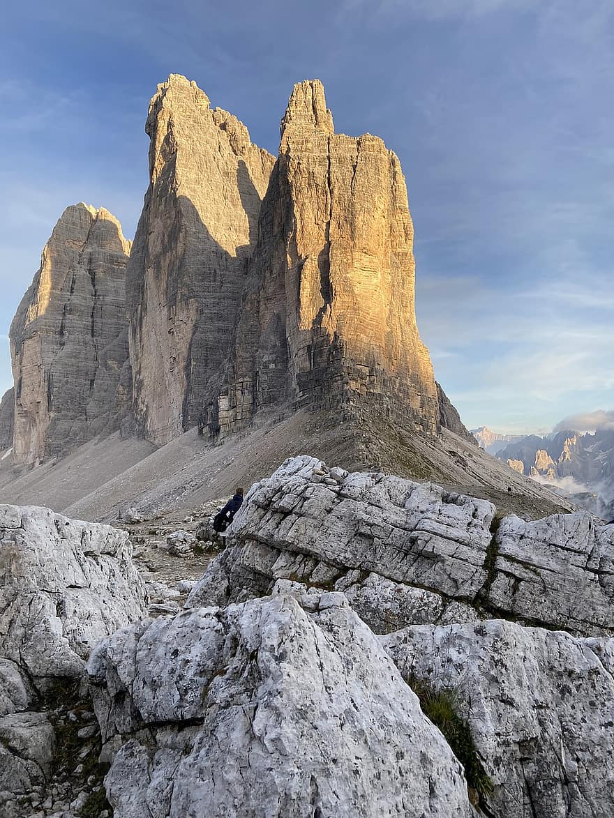 három csúcs, tre cime di lavaredo, dolomitok, Napkelte, hegyek, Alpok, Dél-Tirol, Olaszország, tájkép
