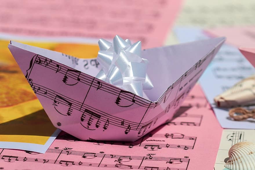 bladmuziek, muziek-, papieren boot, liefde, hart-, melodie, samengesteld, muziek noten, papier, decoratie, gift