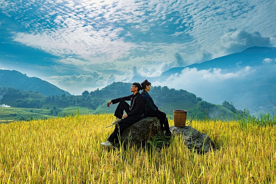 Landscape, Rice, Couple, Man, Woman, Paddy, Field, Crop, Cropland, Agriculture, Mountain