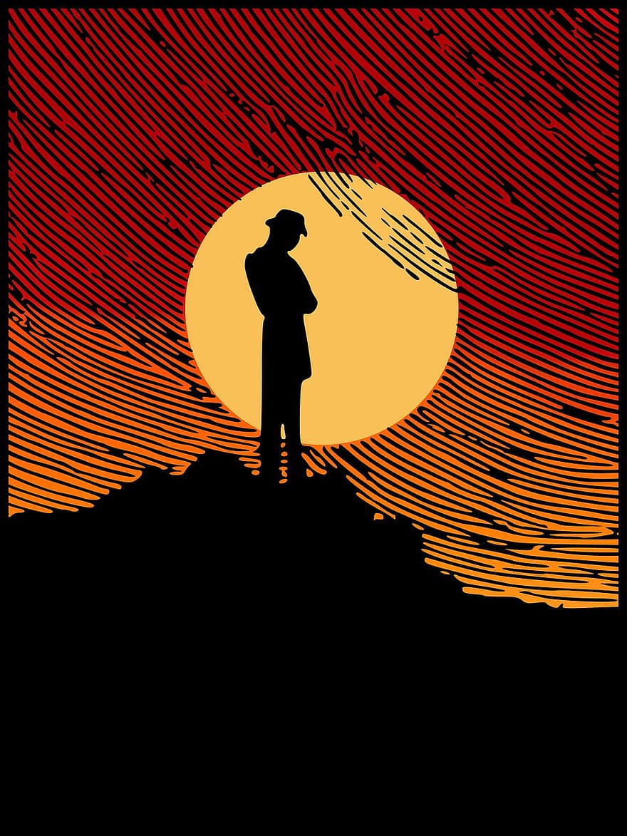 Man, Moon, Hill, Silhouette, Detective, Old, Vintage, Sunrise, Mysterious, Crime
