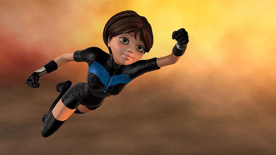 superdonna, volante, Figura 3d, femmina, giovane, supereroe, eroe, cartone animato, comico, cartone animato marrone