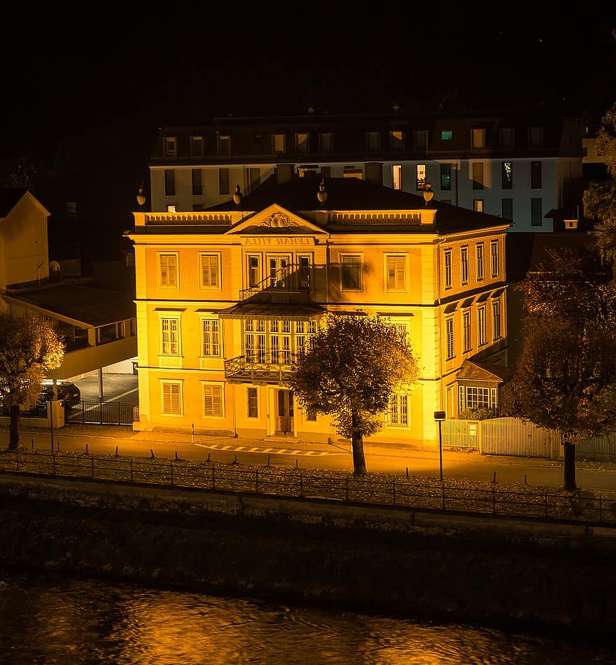 Villa Lehar, museo, noche, iluminado, arquitectura, villa, mal ischl, Salzkammergut