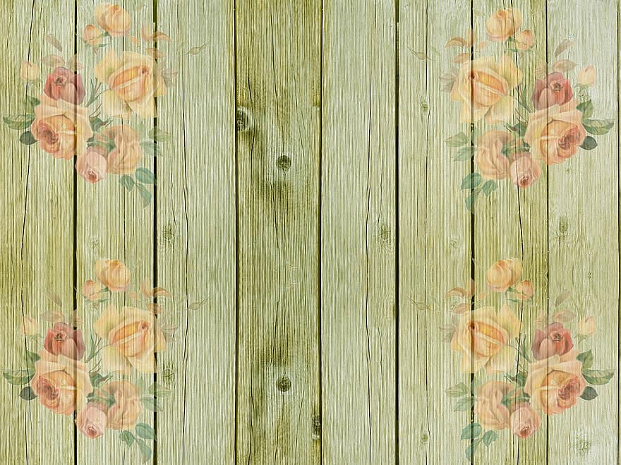 On Wood, Wooden Wall, Green, Roses, Decoration, Background, Vintage, Wood, Romantic, Nostalgic, Playful