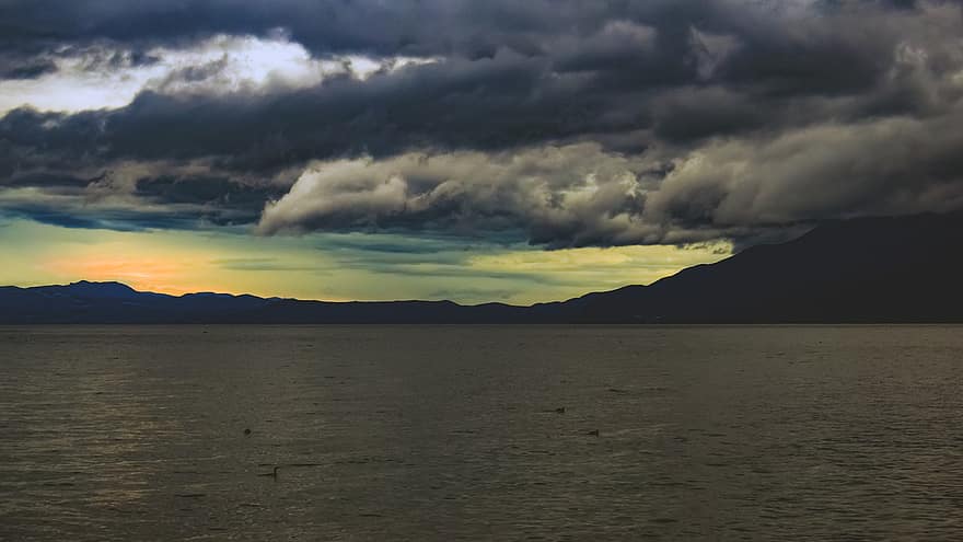 meer, bergen, hemel, wolken, reizen, weer, horizon, winter, natuur, ochrid, Lake Ohrid