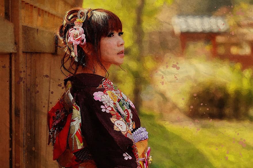 ung, lady, kvinna, flicka, modell, japan, kimono, utrusta, kläder, uttryck, porträtt