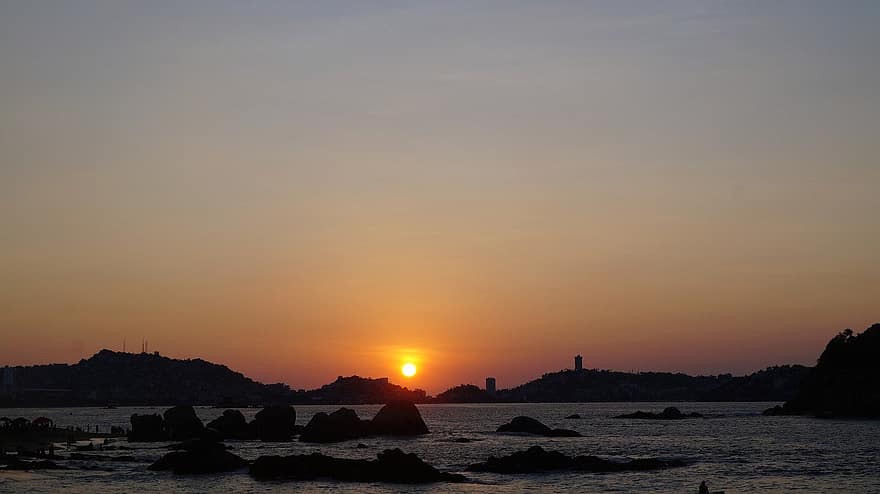 solnedgång, hav, acapulco