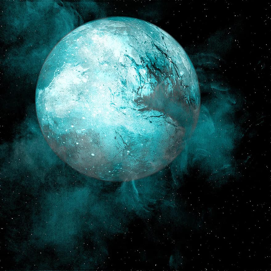 Sci-fi, Science Fiction, Universe, Planet, Moon Dust, Particles, Explode, Teal, Blue, Glowing, Sky