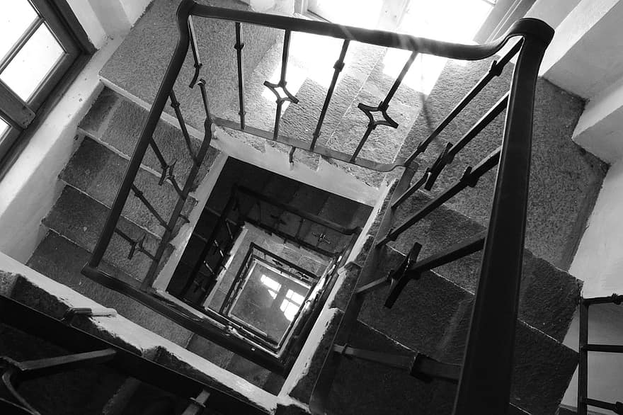 escaliers, noir et blanc, architecture, Contexte, la perspective