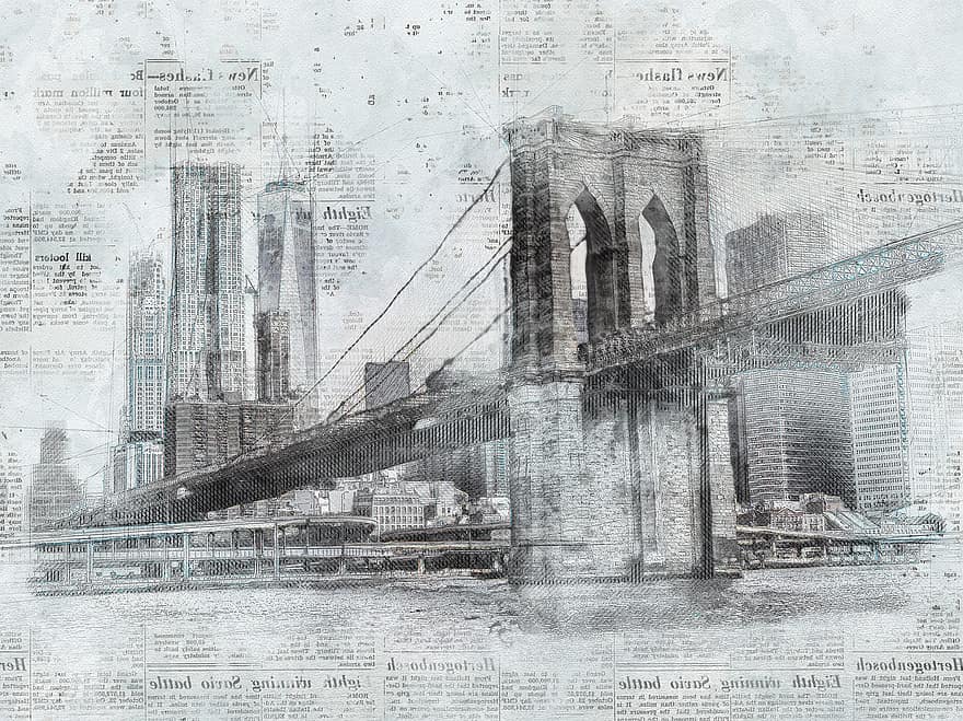 градски силует, силует, град, градски пейзаж, САЩ, Ню Йорк, Манхатън, Мостът Бруклин, в центъра, река, забележителност