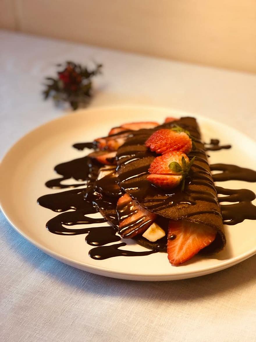 Crepe, Strawberries, Dessert, Food, Chocolate Syrup, Snack, Sweet, Tasty, Delicious, Plate