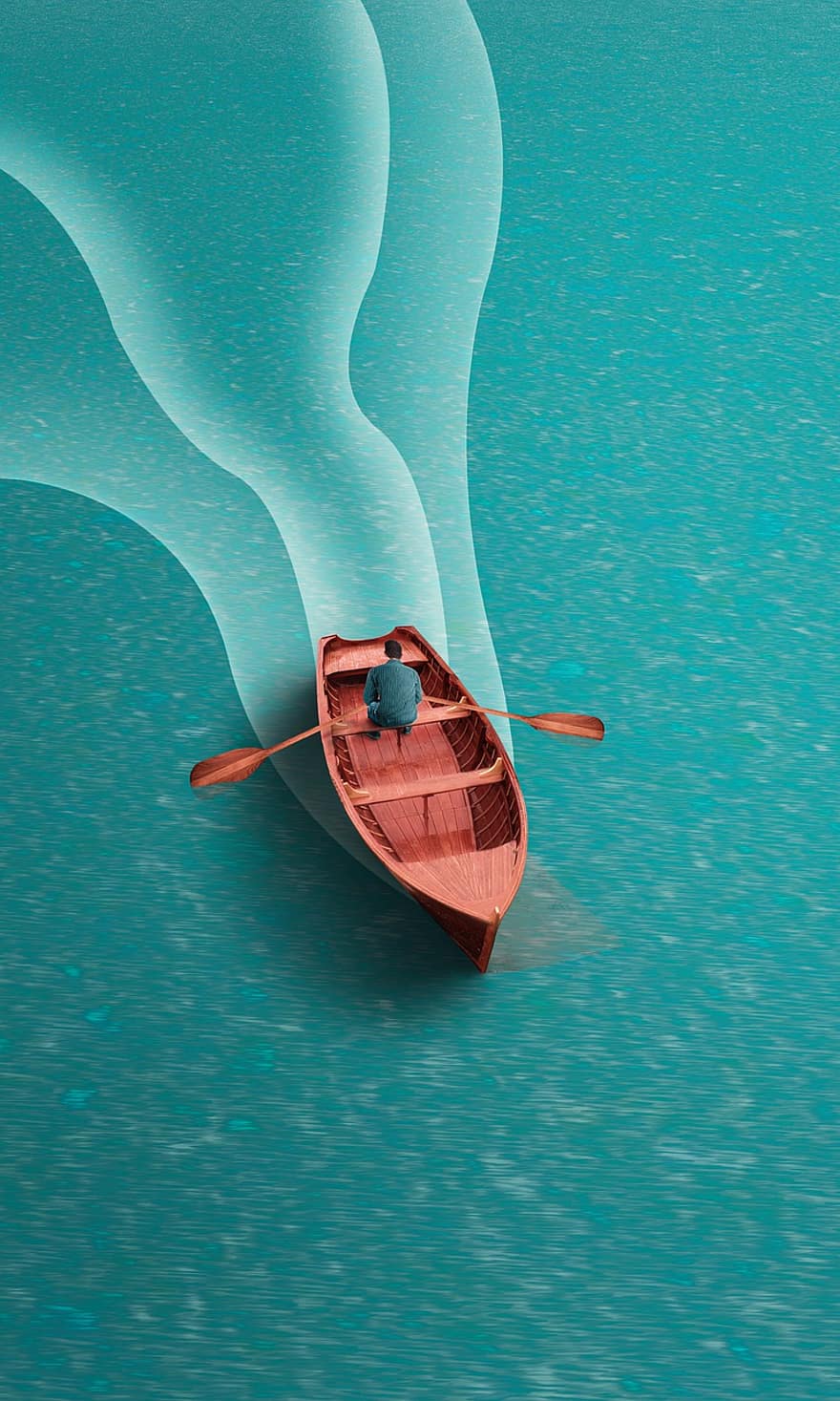 лодка, море, океан, гребля, дерево, человек, воды, спокойный, фантастика, отражение, цвет