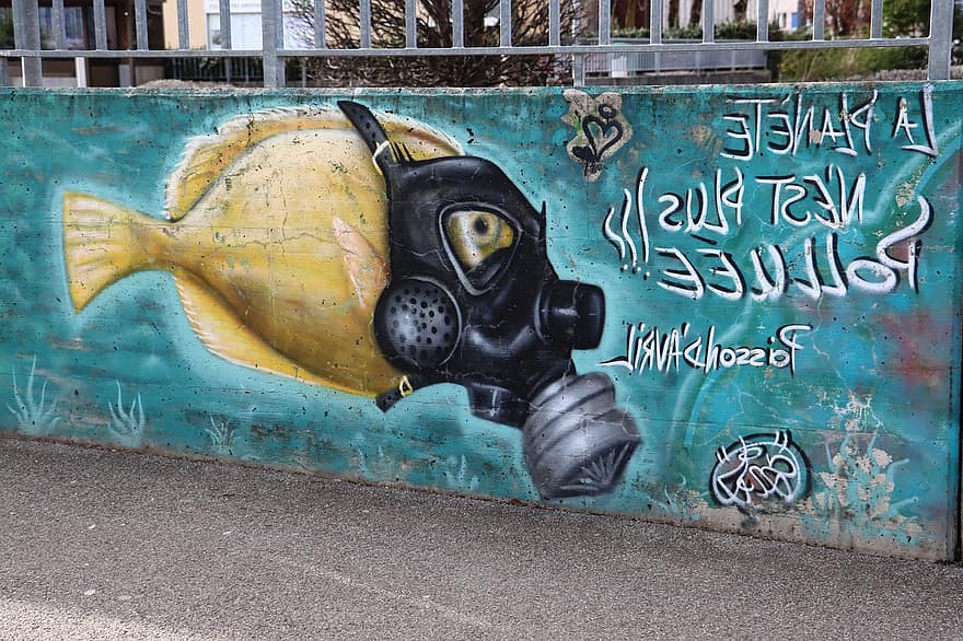 fisk, hav, graffiti, gadekunst, væg, væg kunst, by-, design, sprøjtebeholder, spray, maske