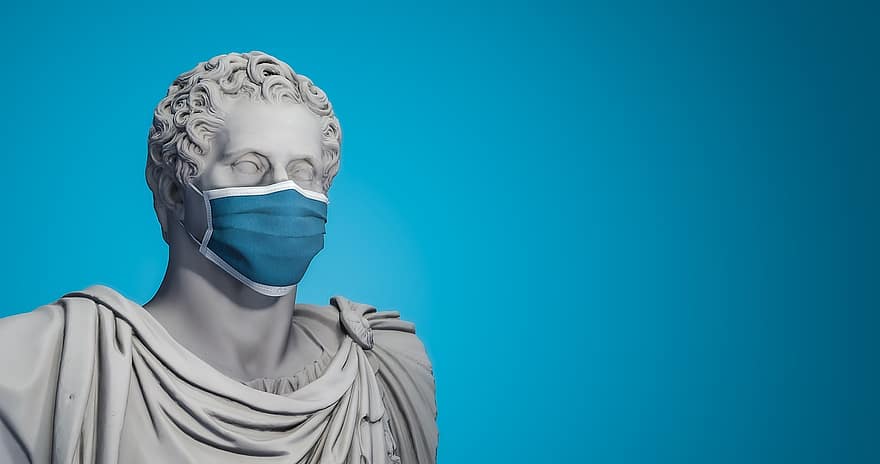 pandemia, máscara falsa, estátua, coronavírus, covid-19, Máscara descartável, epidemia, estátua grega, copie o espaço, fundo, cuidados de saúde