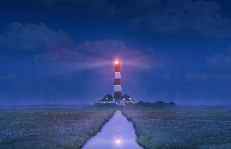 маяк, Северное море, ночь, вечер, Вестерхеферский, Германия, ватное море, береговая линия, синий, архитектура, пейзаж