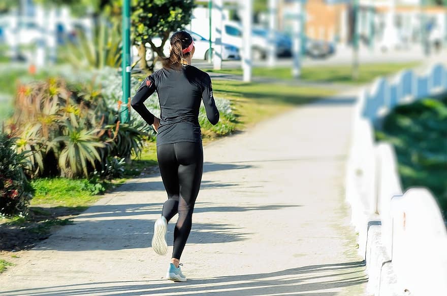 femeie, alergare, fitness, exercițiu fizic, potrivi, trotuar, parc, exercițiu, sport, bunastare, corp