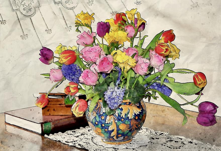 Flower, Indoor, Table, Book, Colorful, Vase, Ceramic, Decoration, Painting, Digital, Art