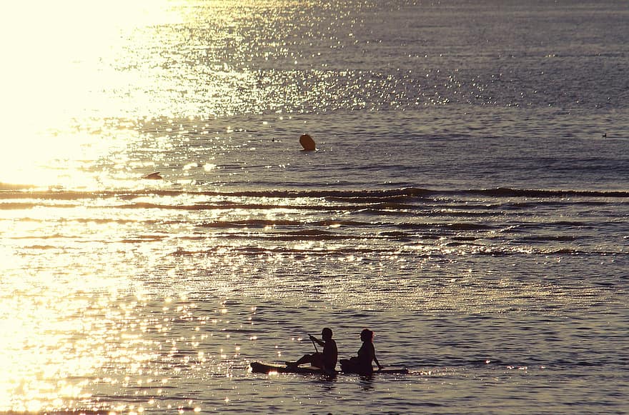 hav, paddla boarding, solnedgång