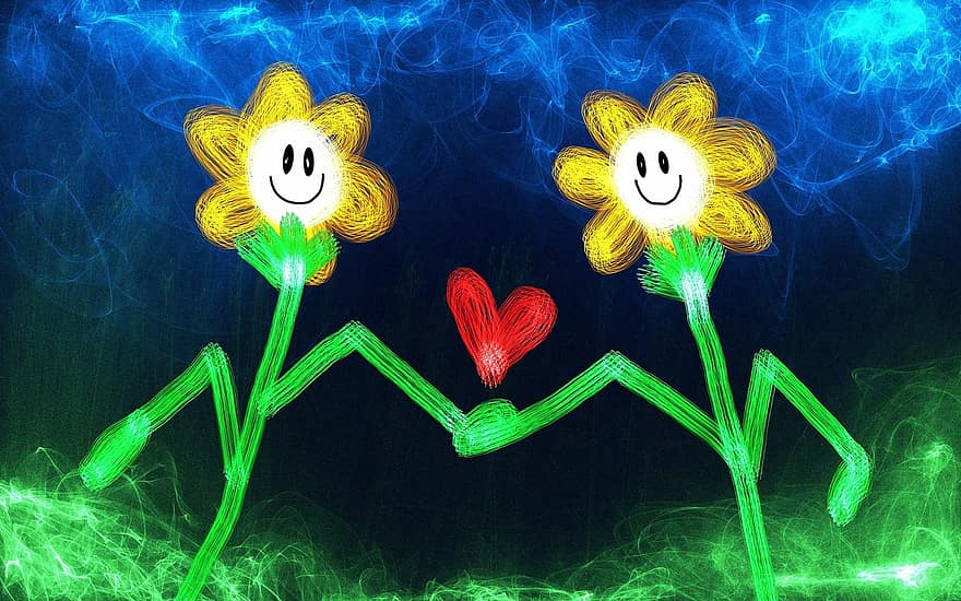 Karikatur, Blumen, Blumen-, Pflanzen, Natur, botanisch, Blütenblätter, Gesichter, lächelnd, Lächeln, glücklich