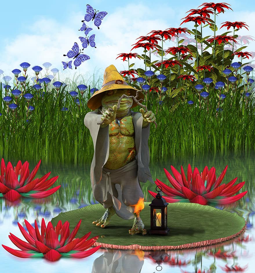 Frog, Water, Lily Pad, Water Lilies, Lotus Flowers, Lamp, Lantern, Butterflies, Aquatic Plants, Amphibian, Fantasy