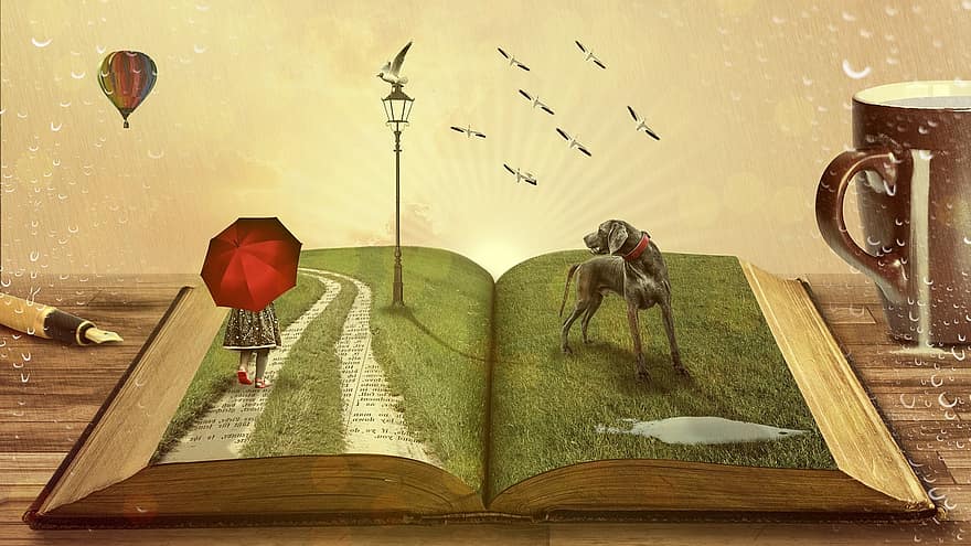 книга, пес, казки, дитина, парасолька, Вуличний ліхтар, стежка, шлях, сторінки книг, література, сторінки