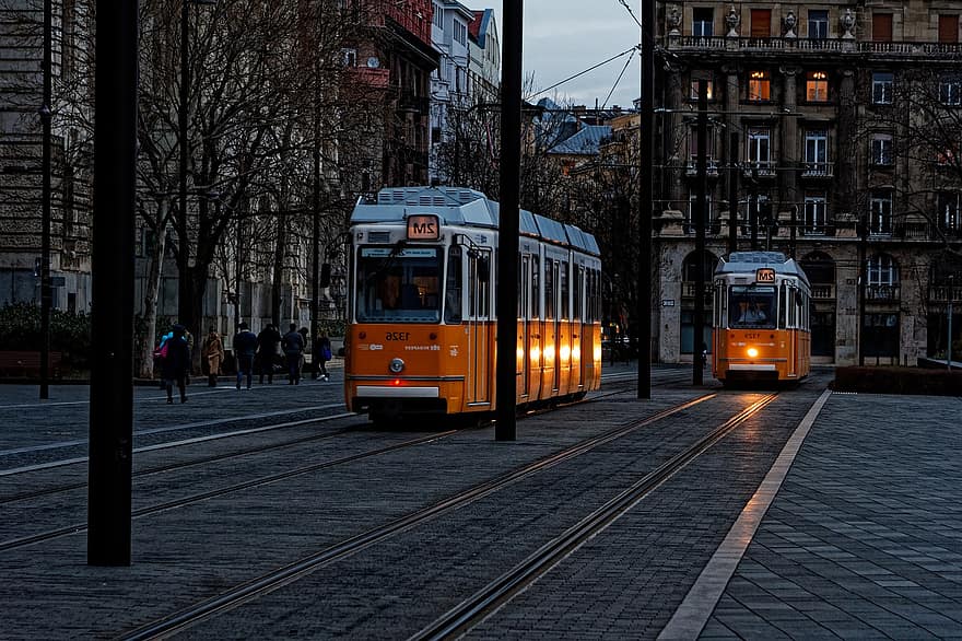 raitiovaunu, katu, yö-, Julkinen liikenne, julkinen liikenne, Budapest, kaupunki, Unkari, kaupunki-