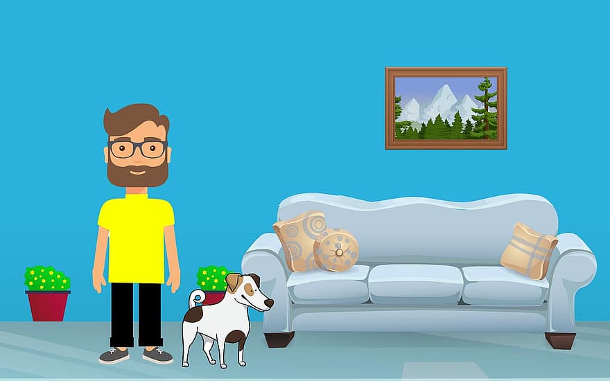 Living Room, Couch, Home, Relax, Sofa, Man, Dog, Cartoon, Character, Together, Interior