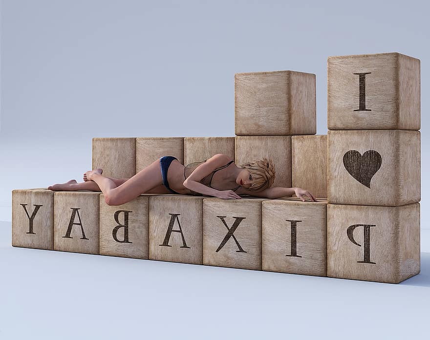pixabay, kvinna, trä kub, brev, trä, text, font, liggande, lutande kvinna