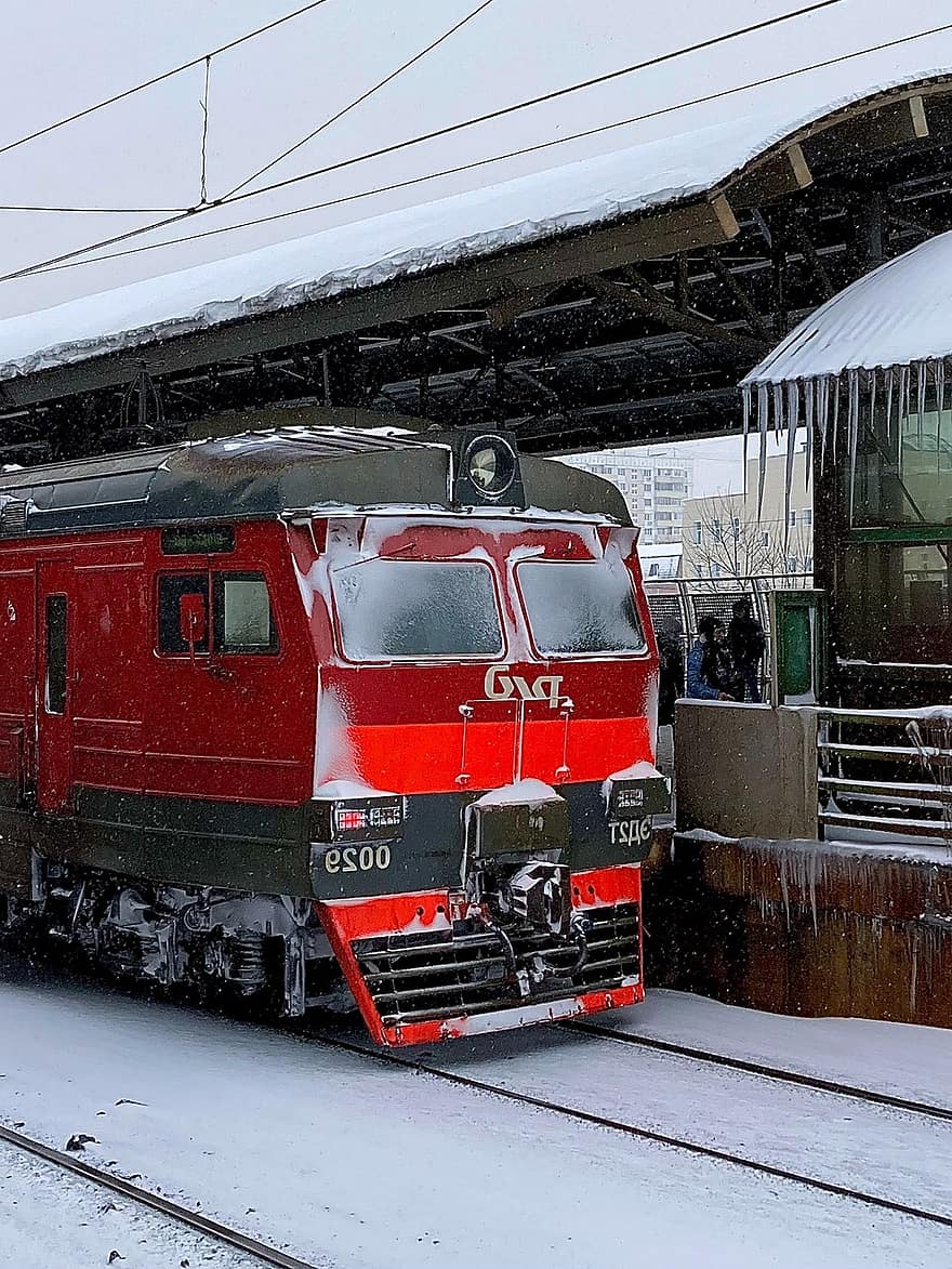 ferrocarril, entrenar, Rusia, Moscú, nieve, invierno, transporte, modo de transporte, vehículo terrestre, hielo, nevando