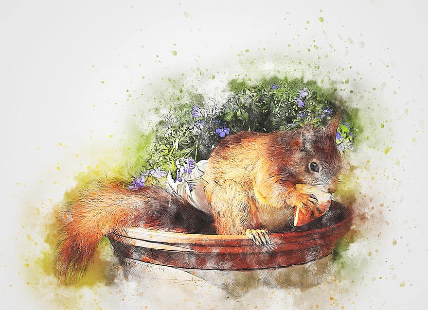 scoiattolo, animale, mangiare mela, arte, astratto, acquerello, Vintage ▾, natura, primavera, romantico, artistico