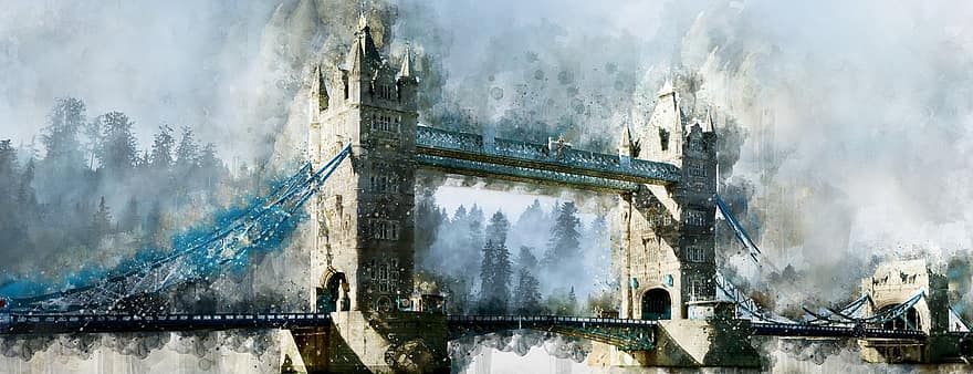menara jembatan, cat air, jembatan, Inggris, kota, pariwisata, perjalanan, gambar, menara, tengara, kerajaan