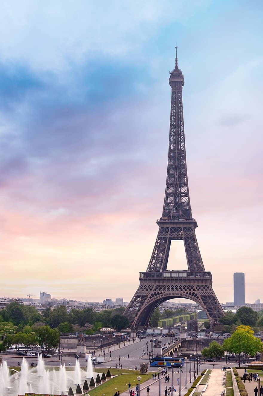 Parijs, Frankrijk, stad, architectuur, toren, zonsondergang, Bekende plek, stadsgezicht, schemer, reizen, toerisme