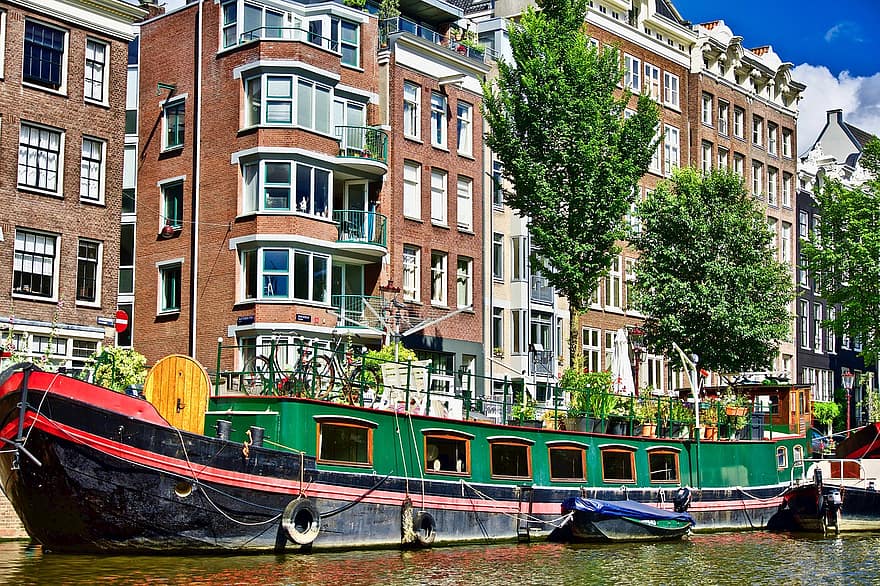 канал, Амстердам, водный путь, домашняя лодка