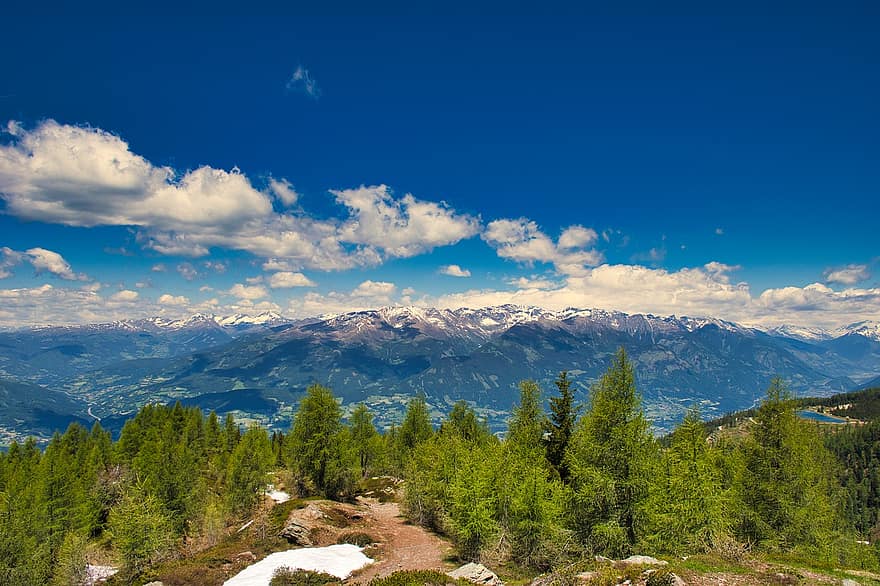 Goldeck, Itävalta, vuoret, maisema, tausta, vuori, sininen, metsä, kesä, vuorenhuippu, pilvi