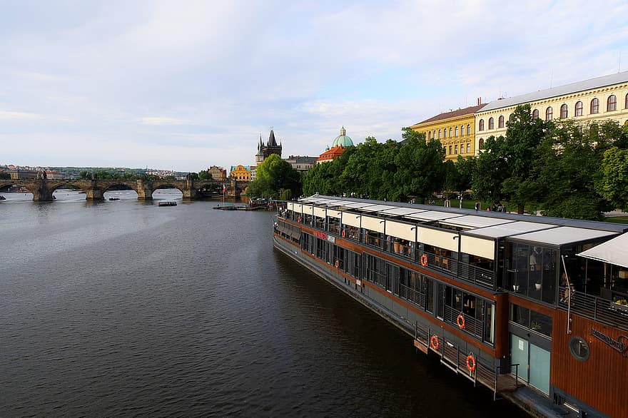 Boat, Bridge, River, Prague, B, Ship, Buildings, Town, City, Urban, Sky