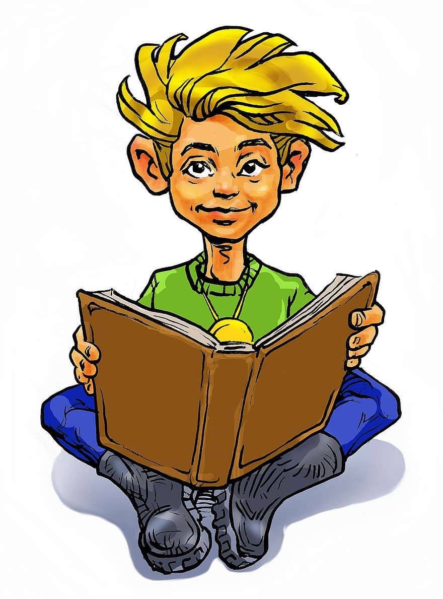 pojke, kille, bok, läsning, barndom, litteratur, unge, berättelse, ritning, leende, glädje