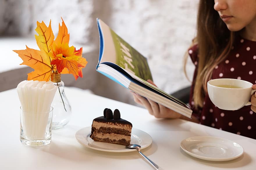 Girl, Book, Tea, Cake, Dessert, Table, Table Setting, Napkin, Leaves, Decoration