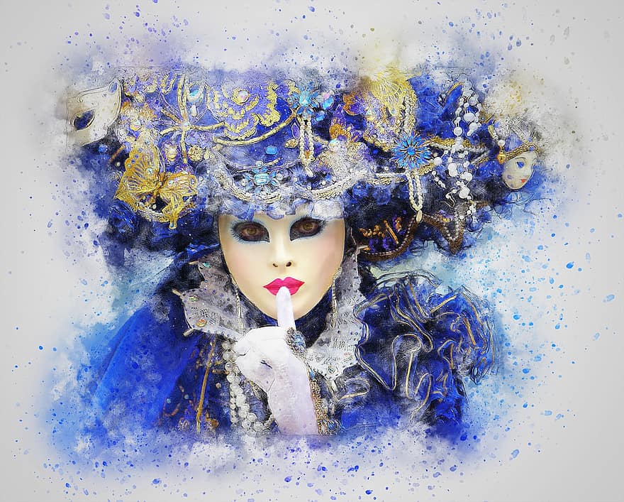 Mask, Carnival, Venice, Art, Abstract, Watercolor, Vintage, Girl, Blue, Woman, Beauty