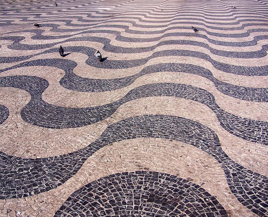 Street, Tiles, Pattern, Paving, Pigeons, Marble, Mosaic, City Square, City Center, City, Lisbon