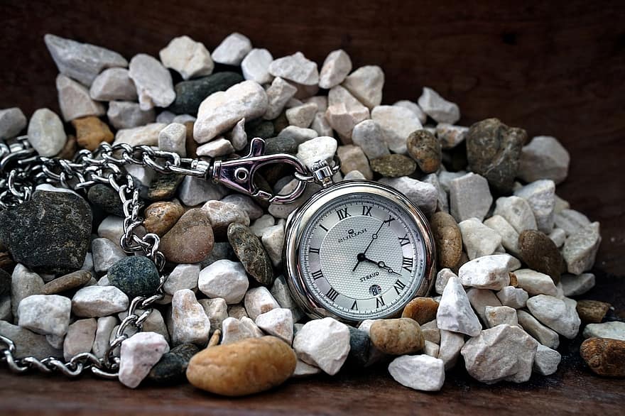 tijd, klok, samenstelling, stilleven, stenen, zakhorloge, keten