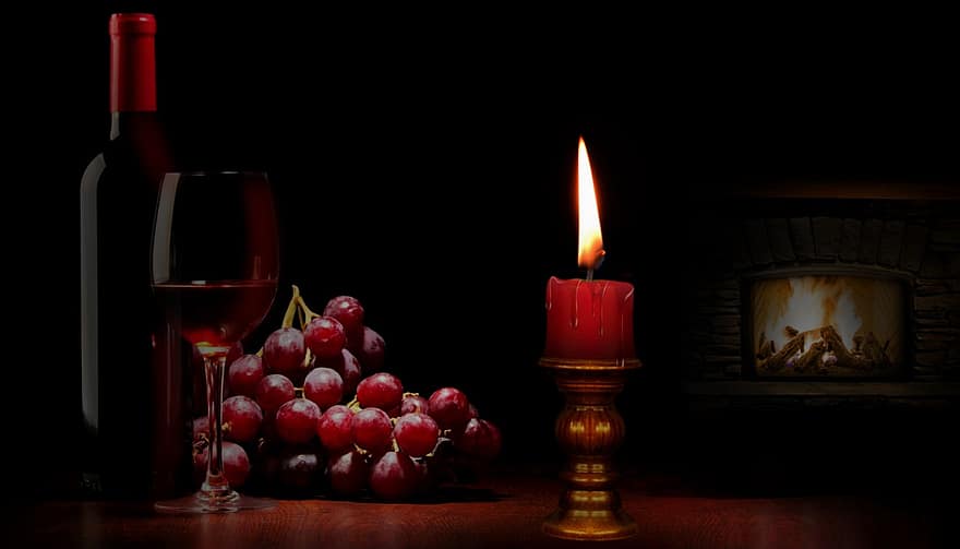 žvakė, žvakių šviesa, romantika, vynas, pakilo, fonas, tapetai, apdaila, vyno butelis, meilė, romantiškas