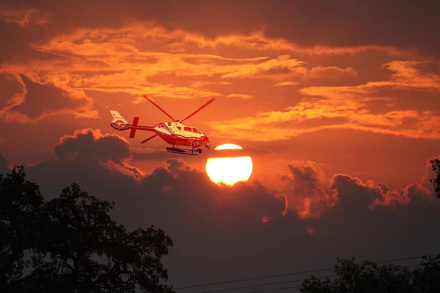 Sunset, Helicopter, Sky, Landscape, Sunrise, Dawn, Twilight, propeller, flying, air vehicle, transportation