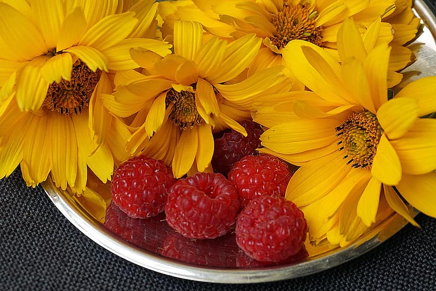 żółte kwiaty, malin, jedzenie, czerwone owoce, owoc, zdrowy, świeży, pyszne, przekąski, deser, słoneczniczek szorstki